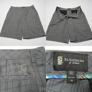 St Andrews Golf Shorts Men 36 Gray Check Scotland Pockets‎ Zip Flat Chino 9"